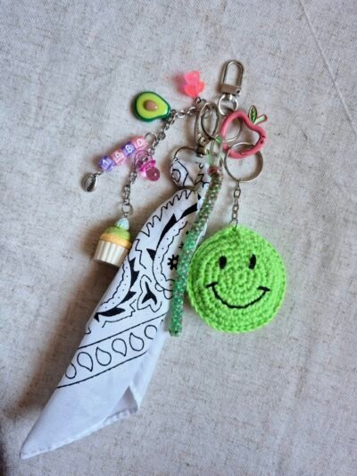 Grigri de sac original vintage - smiley vert au crochet
